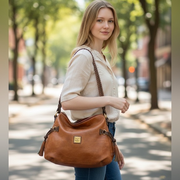 Dooney & Bourke Handbags - Dooney & Bourke Cognac Leather Shoulder Bag with Braided Strap